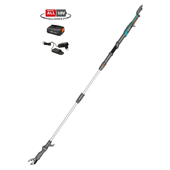 Gardena Power for All 18V Baumschere HighCut - 18 V, 1 Akku, Max. Aststärke: 28 mm, Länge: 255,7 cm - Gardena Akku-Astschneider TCS 20/18V P4A Set. Präzisionsschnitte in großen Höhen dank Teleskopstiel und drehbarem Schneidkopf. Inklusive Akku und Ladegerät.