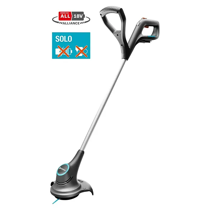 Gardena Power for All 18V Akku-Rasentrimmer - 18 V, 2 Ah, Li-Ionen, Ohne Akku, Schnittbreite Messer: 23 cm - Der Gardena Akku-Rasentrimmer Solo ist ein leichtes, akkubetriebenes Gerät für präzise Rasenkanten und schwer zugängliche Stellen im Garten.