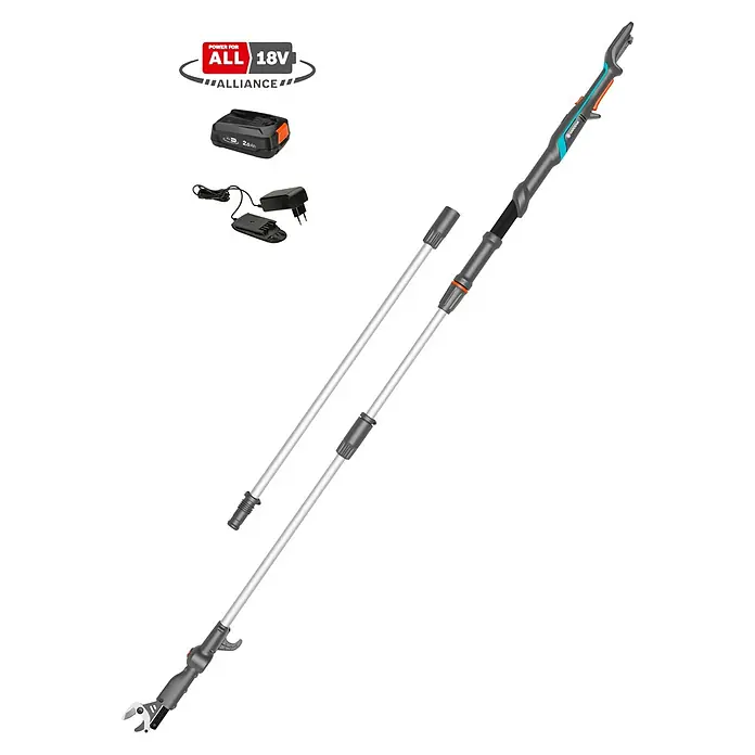 Gardena Power for All 18V Baumschere HighCut - 18 V, 1 Akku, Max. Aststärke: 28 mm, Länge: 360 cm - Das Bild zeigt eine Gardena Akku-Hochastung TCS 20/18, inklusive Akku, Ladegerät und Verlängerungsstiel, ideal für Baumpflege.