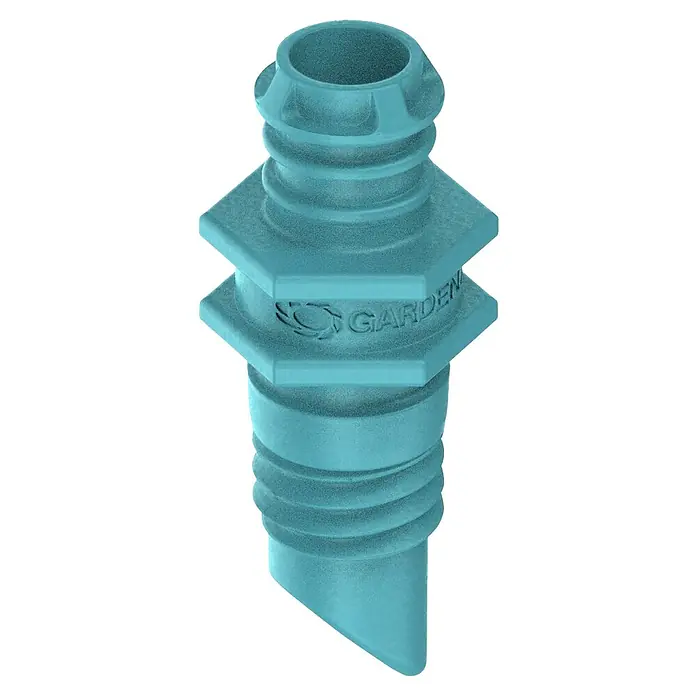 Gardena Micro-Drip Endtropfer - 25 Stk., Max. Wasserdurchfluss: 2 l/h - Nahaufnahme eines türkisfarbenen Gardena-Produkts, das an einen Düsenaufsatz erinnert, mit dem Gardena-Logo auf einem quadratischen Abschnitt.