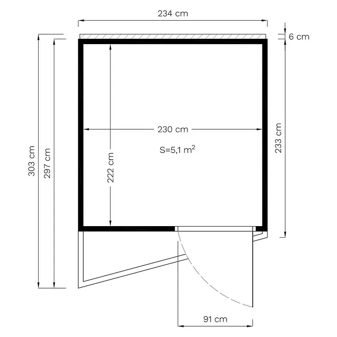 Bertilo Gartenhaus Concept Office - Außenmaß inkl. Dachüberstand (B x T): 237 x 310 cm, Holz, Anthrazit - Grundriss eines Raumes mit Maßangaben, inklusive Türöffnung und Wandstärken. Die Fläche des Raumes beträgt 5,1 m².