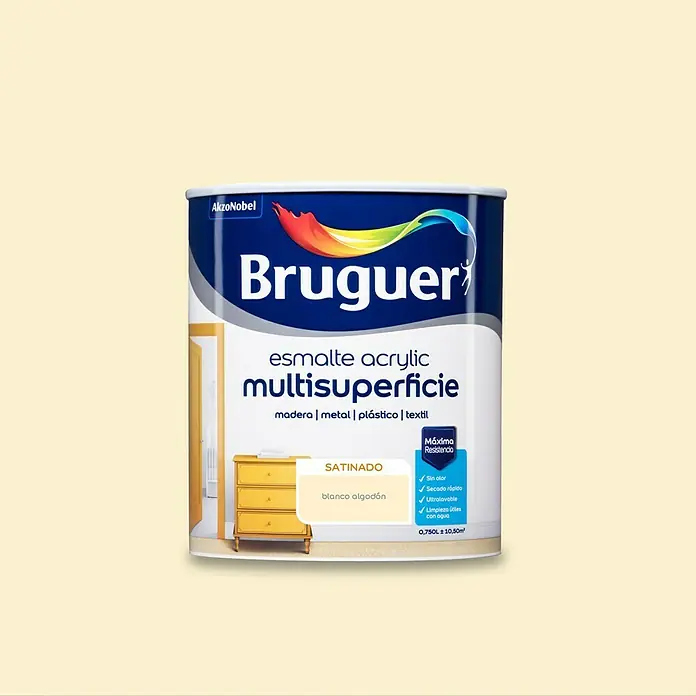 Bruguer Esmalte de color Acrylic Multisuperficie - Blanco algodón, Satinado, 750 ml, Base de agua - Pintura acrílica Bruguer Multisuperficie en "Blanco Algodón". Pintura versátil para madera, metal, plástico y textiles con máxima resistencia.