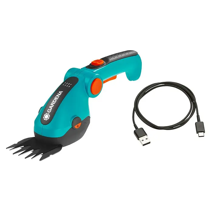 Gardena ComfortCut Akku-Grasschere Li - 3,6 V, 1 Akku, Schwertbreite: 8 cm, Akkulaufzeit: 80 min - Abbildung einer Gardena Akku-Grasschere mit USB-Ladekabel, ideal zum Trimmen von Rasenkanten und kleinen Grasflächen im Garten.