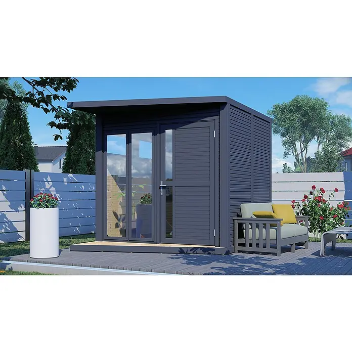 Bertilo Gartenhaus Concept Office - Außenmaß inkl. Dachüberstand (B x T): 237 x 310 cm, Holz, Anthrazit - Bild einer modernen Gartenlaube mit Schiebetüren und Lamellenwand, umgeben von Gartenmöbeln und Pflanzen.