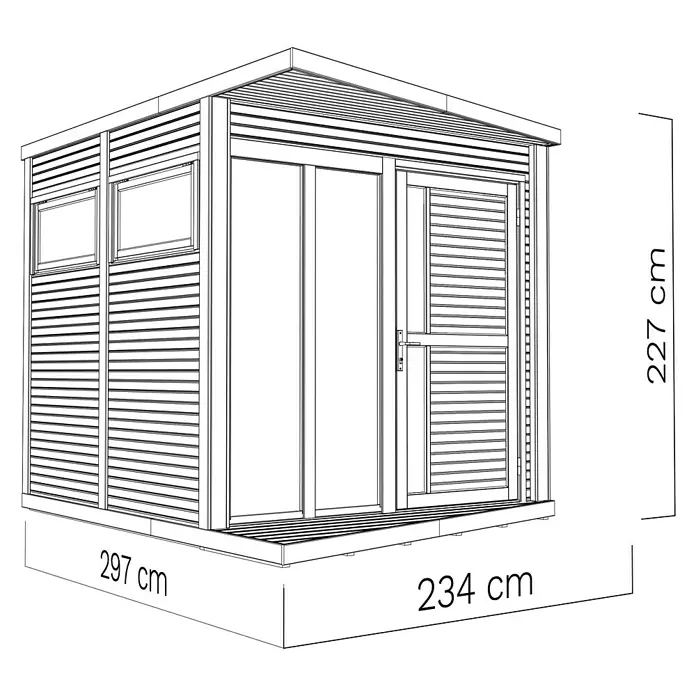 Bertilo Gartenhaus Concept Office - Außenmaß inkl. Dachüberstand (B x T): 237 x 310 cm, Holz, Anthrazit - Illustration eines Gartenhauses mit Maßangaben. Das Gartenhaus hat Fenster, Türen und ein Vordach und ist 227 cm hoch.