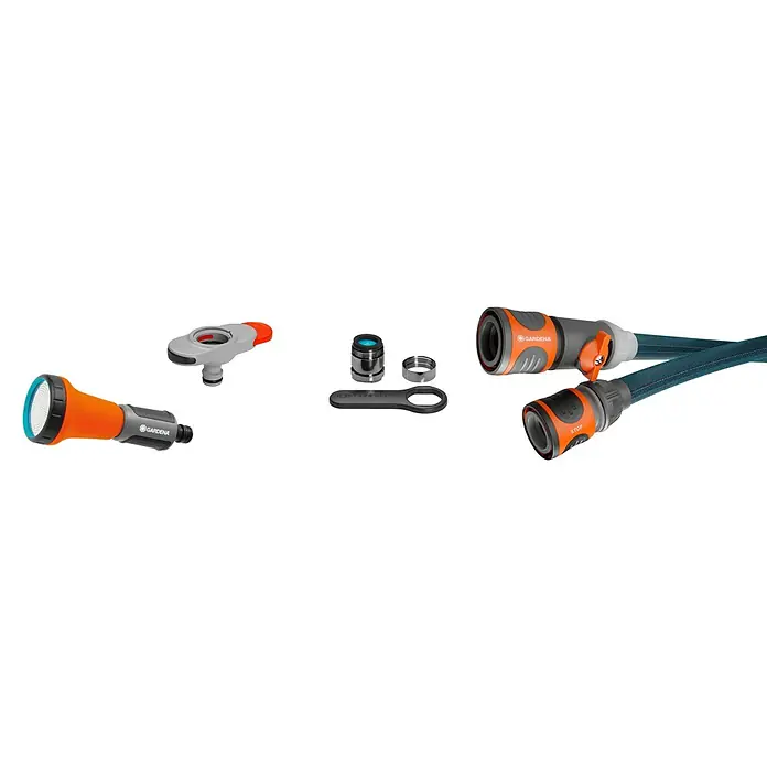 Gardena Gartenschlauch Liano Xtreme Set mit Hahnverbinder - Schlauch, Bewässerungsbrause, Indoor-Schlauchverbinder mit Regulierventil, Wasserstop, Hahnverbinder - Ein Sortiment von Gardena-Gartengeräte-Zubehör, darunter Düsen, Adapter und Kupplungen, auf schwarzem Hintergrund.