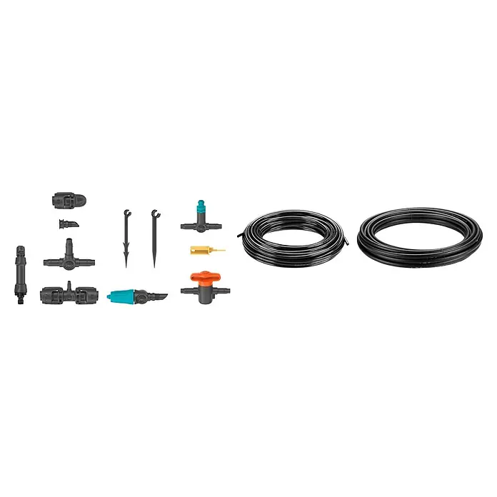 Gardena Micro-Drip Bewässerungs-Set Terrasse Start-Set - Passend für: Bis zu 30 Topfpflanzen - Das Bild zeigt verschiedene Bewässerungskomponenten, darunter Schläuche, Verbinder und Regler, die für ein effizientes Bewässerungssystem unerlässlich sind.