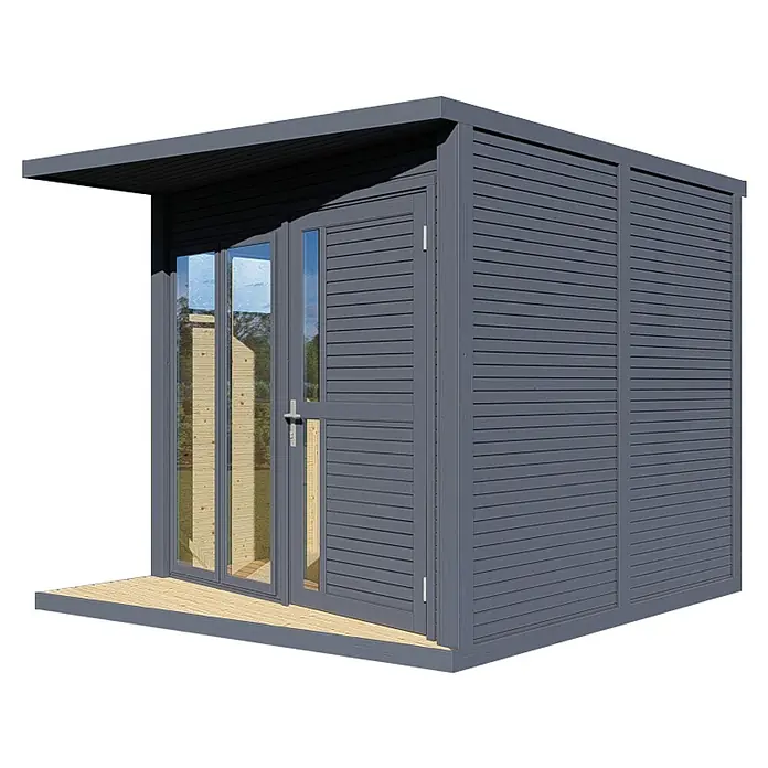 Bertilo Gartenhaus Concept Office - Außenmaß inkl. Dachüberstand (B x T): 237 x 310 cm, Holz, Anthrazit - Ein modernes Gartenhaus mit grauem Äußeren, das sich ideal für Entspannung und als stilvoller Rückzugsort im Freien eignet.
