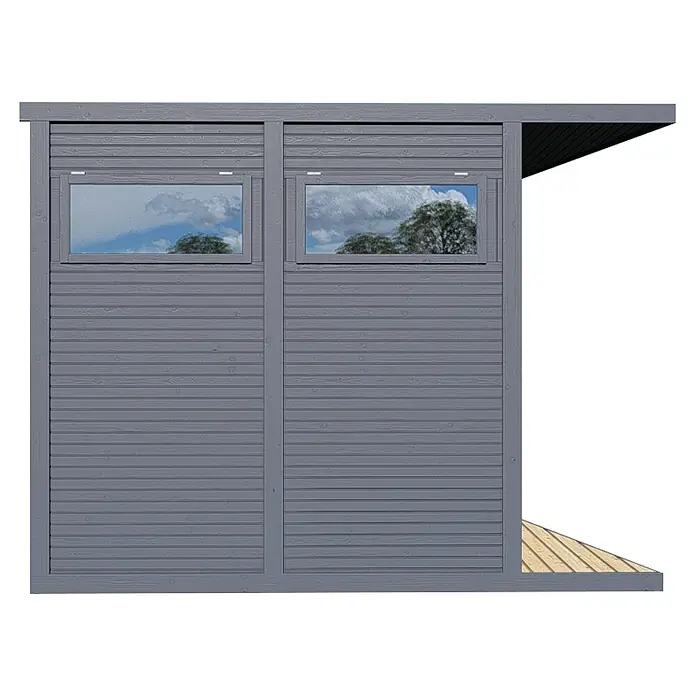 Bertilo Gartenhaus Concept Office - Außenmaß inkl. Dachüberstand (B x T): 237 x 310 cm, Holz, Anthrazit - Graues Holzhaus mit zwei Fenstern, die eine Wolkenlandschaft widerspiegeln. Das Haus hat horizontale Holzpaneele und einen leichten Dachüberstand.