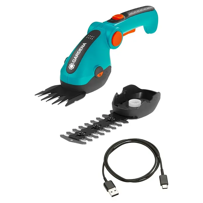 Gardena ComfortCut Akku-Gras- & Strauchschere Li - 3,6 V, Li-Ionen, 1 Akku, Schwertbreite: 8 cm - Gardena Akku-Grasschere Set mit Wechselschneide und USB-Ladekabel für präzise Rasenkanten und Formgebung kleiner Büsche.