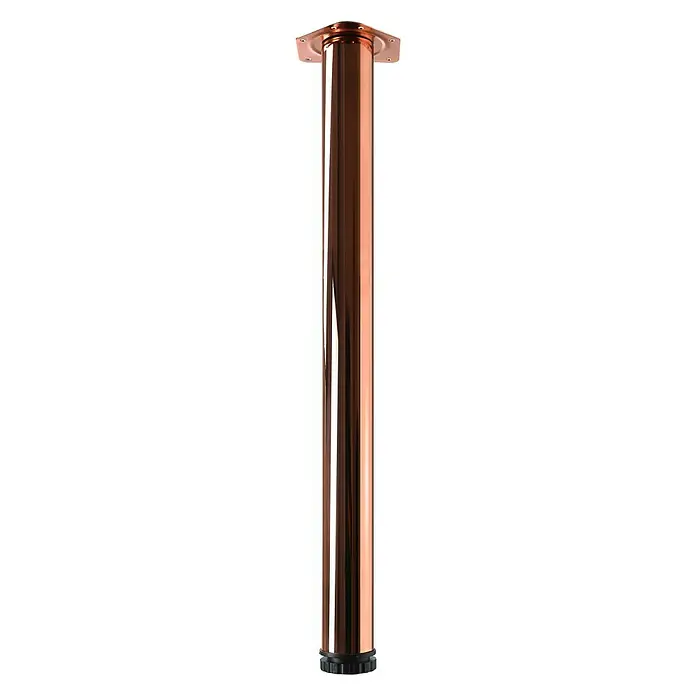 Hettich Möbelfuß Zela - Ø x H: 6 x 70 cm, Traglast: 100 kg, Stahl, Kupfer - Nahaufnahme eines polierten, kupferfarbenen Möbelbeins mit schwarzem Fuß und quadratischer Montageplatte.