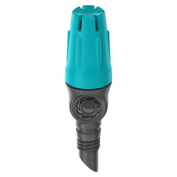 Gardena Micro-Drip Kleinflächendüse - 10 Stk., 1/2" x 13 mm - Nahaufnahme eines einstellbaren Bewässerungs-Dripkopfes in Türkis und Grau, ideal für eine präzise Gartenbewässerung.