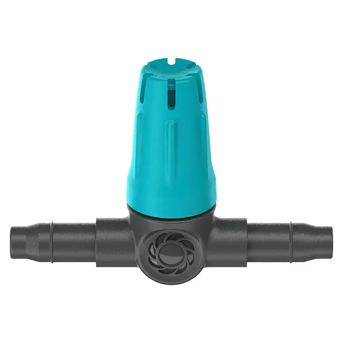 Gardena Micro-Drip Kleinflächendüse - 3/16" x 4,6 mm, 10 Stk. - Nahaufnahme eines Bewässerungsreglers mit blauem Einstellknopf und schwarzem T-Stück für Schläuche.