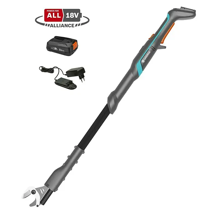Gardena Power for All 18V Baumschere EasyCut - 18 V, 1 Akku, Max. Aststärke: 32 mm - Gardena Akku-Astschneider mit Akku, Ladegerät und dem Power for All Alliance Logo für müheloses Schneiden von Ästen in schwer zugänglichen Bereichen.
