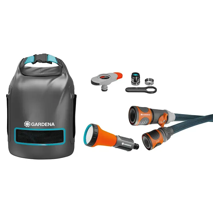 Gardena Gartenschlauch Liano Xtreme Set mit Hahnverbinder & Aufbewahrungstasche - 7 -tlg., Kunststoff - Gardena Schlauchbox mit Gartenschlauch und Gartendusche. Das Set enthält auch verschiedene Anschlussstücke für den Wasserhahn.