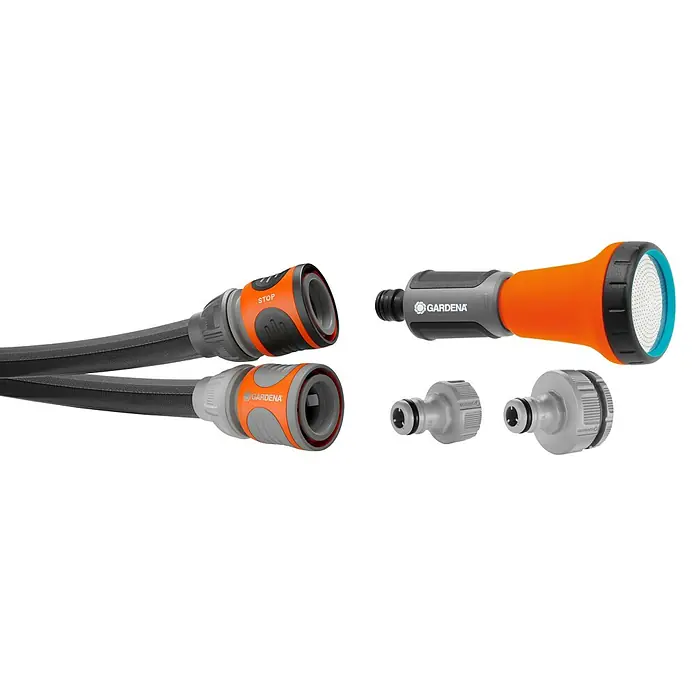 Gardena Gartenschlauch Liano Life - 10 m, Schlauchdurchmesser: 13 mm - Produktansicht des Gardena Schlauchverbinder-Sets, bestehend aus Schlauchstück, Wasserstop, Spritze und Hahnverbinder für Gartenschläuche.