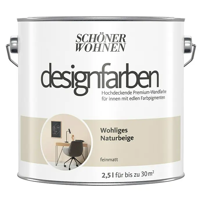 SCHÖNER WOHNEN-Farbe Wandfarbe Designfarbe - Wohliges Naturbeige, Matt, 2,5 l, Konservierungsmittelfrei - Farbdose "Schöner Wohnen Designfarben" in "Wohliges Naturbeige", eine matte Premium-Wandfarbe für Innenräume, 2,5l für bis zu 30m².