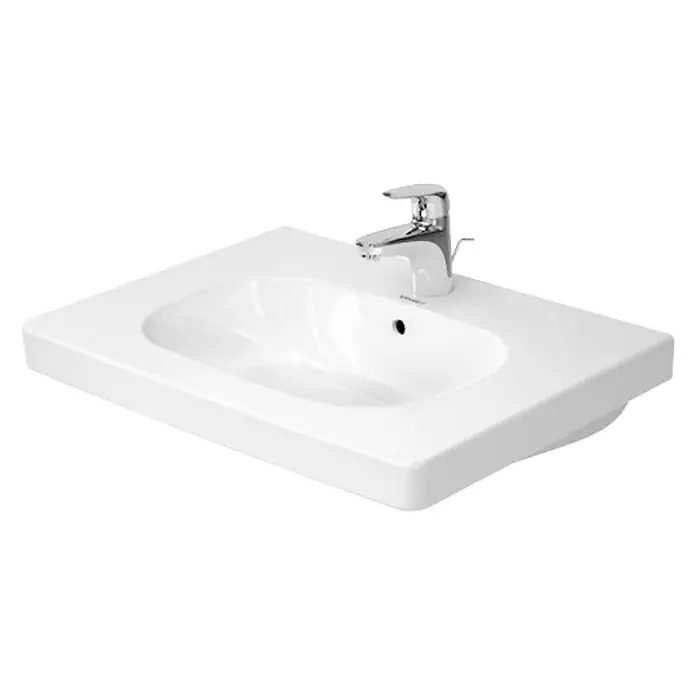 Duravit D-Code Waschtisch - 65 x 48,5 cm, Ohne Spezialglasur, Hahnloch: Mitte, Mit Überlauf, Weiß - Nahaufnahme eines weißen Aufsatzwaschbeckens mit einer modernen Armatur, das ein elegantes und minimalistisches Baddesign zeigt.