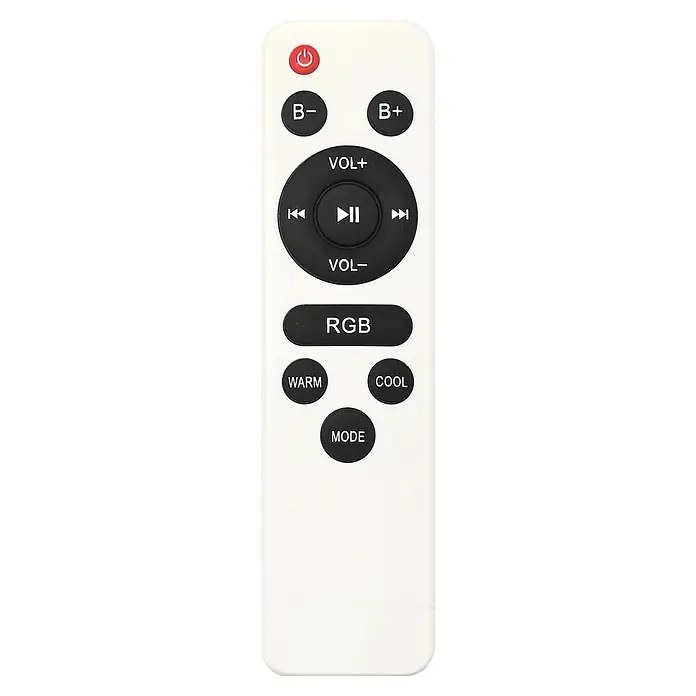 Tween Light Plafón LED redondo Apolo con altavoz - 36 W, Ø x Al: 46 x 5,3 cm, Blanco, RGBW, Altavoz - Primer plano de un mando a distancia blanco con botones rojos y negros para controlar diversas funciones del dispositivo.
