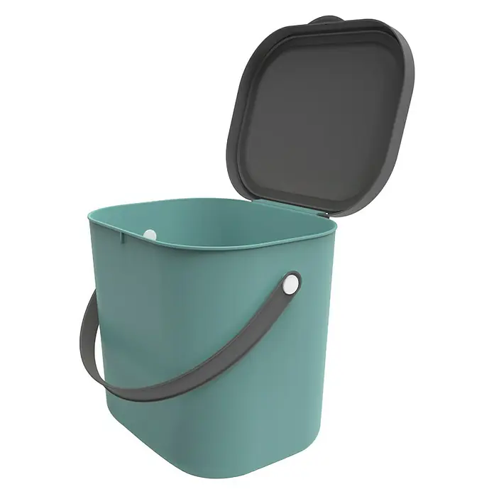 Rotho Albula Mülltrennsystem - 6 l, Kunststoff, Mistletoe Grün - Ein offener, mintgrüner Komposteimer mit dunkelgrauem Deckel und Griff. Ideal für die Sammlung von Küchenabfällen zur Kompostierung.