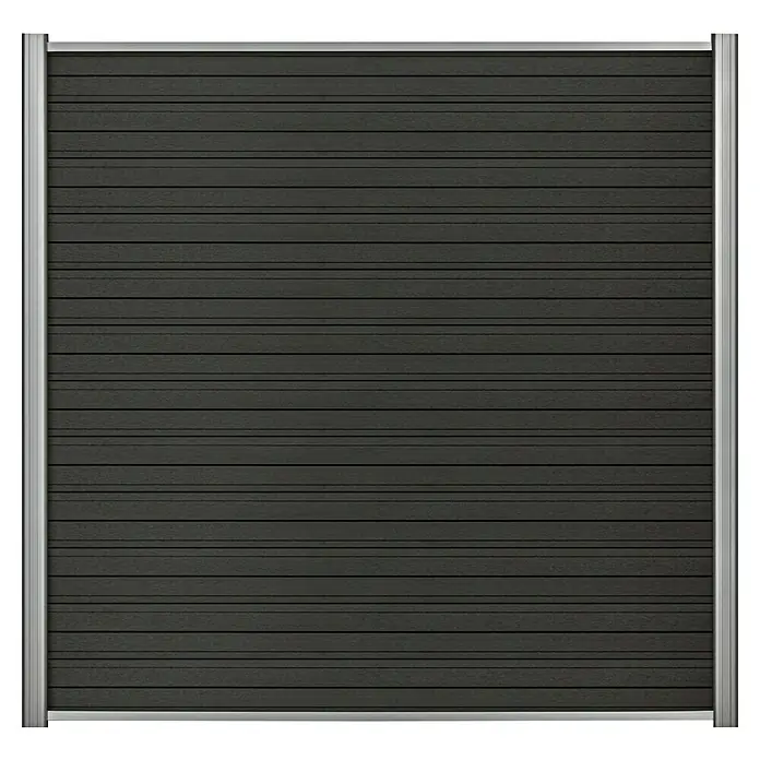 Abschlussleiste Verona - Passend für: Steckzaun Verona, Aluminium, Aluminium - Eine Nahaufnahme einer schwarzen Terrassendiele mit feinen horizontalen Linien und einem silbernen Rahmen, ideal für moderne Außenbereiche.