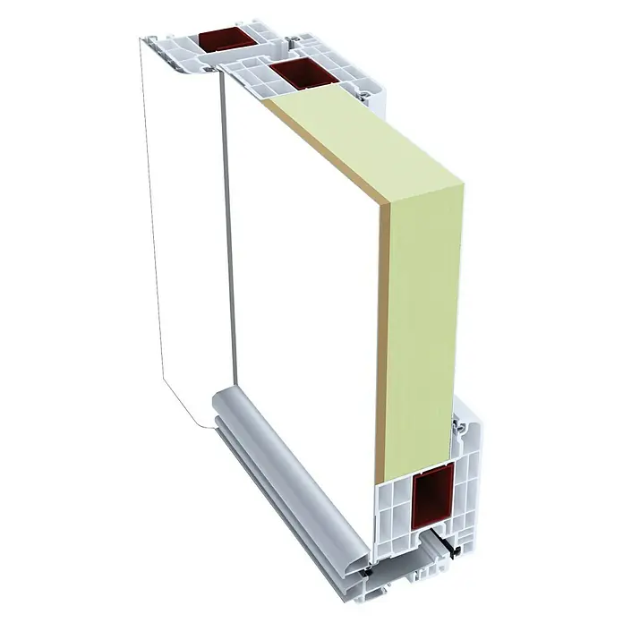 Haustür Smart KS-108 - 110 x 210 cm, DIN Anschlag: Rechts, Verkehrsweiß - Querschnitt einer PVC-Tür mit Isolierung, der die Struktur und Materialzusammensetzung zeigt. Ideal für energieeffiziente Bauprojekte.