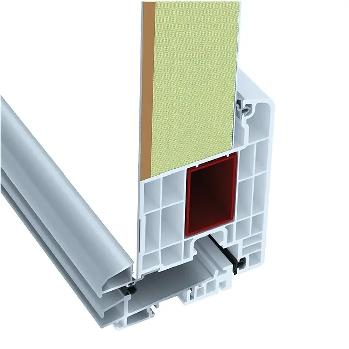 Haustür Smart KS-108 - 110 x 210 cm, DIN Anschlag: Rechts, Verkehrsweiß - Nahaufnahme eines Fensterprofils aus Kunststoff mit Mehrkammerbauweise, das für Wärme- und Schalldämmung sorgt.