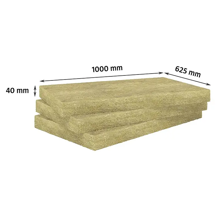 Rockwool Steinwolle Sonorock Trennwandplatte - Stärke: 40 mm, Wärmeleitfähigkeit: 0,04 W/(mK) - Drei Steinwolleplatten liegen übereinander, ideal für die Wärme- und Schalldämmung im Bauwesen. Hochwertige Dämmmaterialien für Neubau und Sanierung.