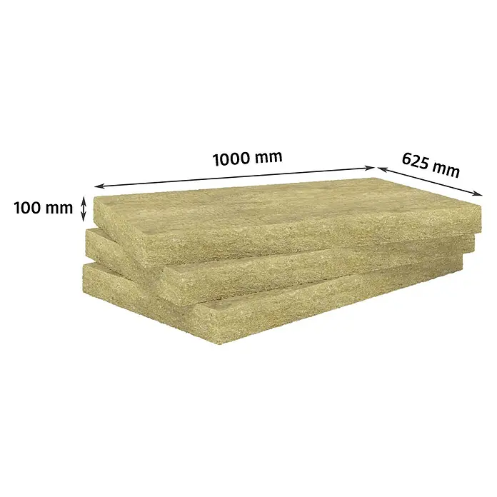 Rockwool Steinwolle Sonorock Trennwandplatte - Stärke: 100 mm, Wärmeleitfähigkeit: 0,04 W/(mK) - Abbildung von drei Steinwolleplatten, die zur Wärme- und Schalldämmung gestapelt sind.