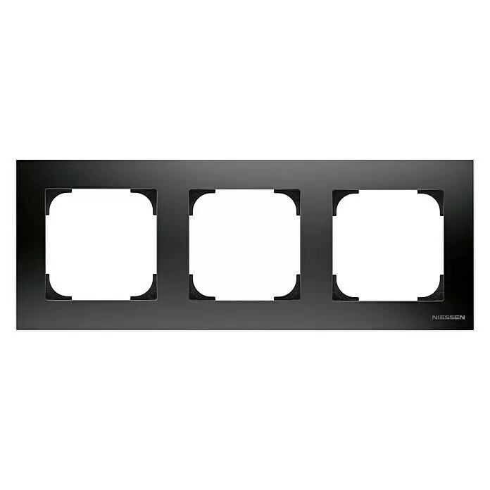 Niessen Sky Marco - Negro, Modelo de mecanismos: x 3, Plástico - Marco triple negro con acabado mate y texturizado para interruptores o enchufes eléctricos. Presenta tres aberturas cuadradas y la marca 'NIESSEN'.
