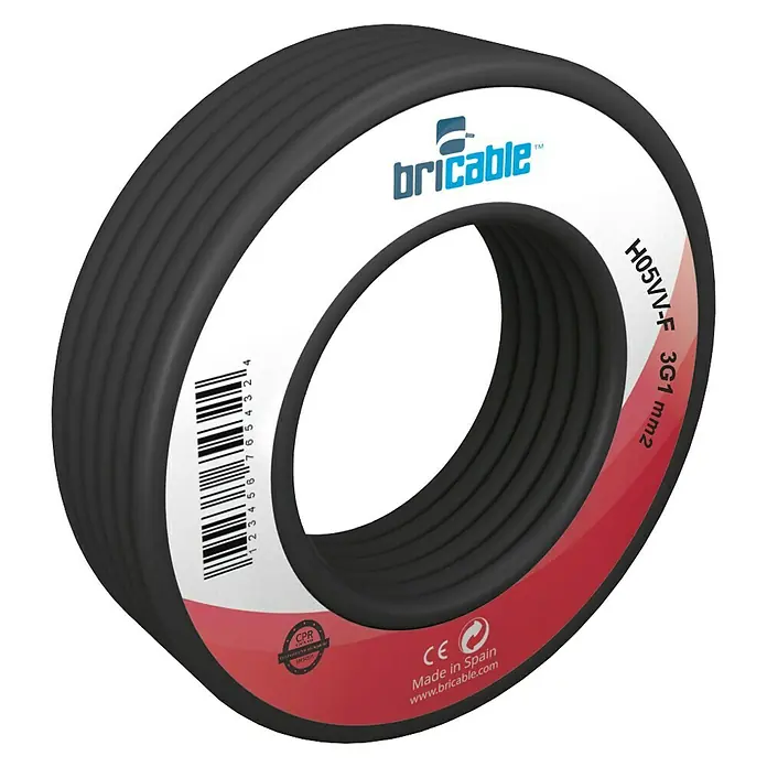 Bricable Cable unipolar Fase - H05VV-F, Número de cables: 3, 10 m, Negro, 1 mm² - Un rollo de cable Bricable H05VV-F 3G1 mm², ideal para instalaciones eléctricas con marcado CE, Made in Spain.