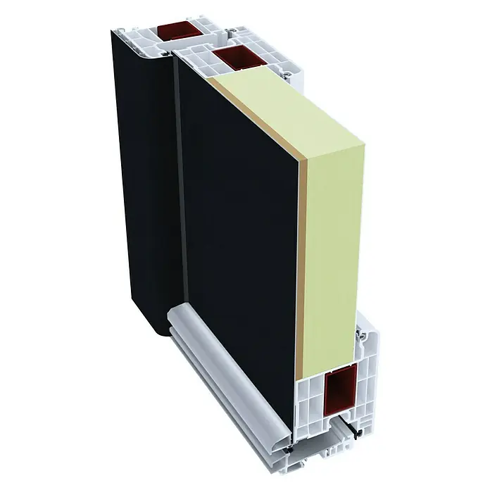 Haustür Smart KS-108 - 110 x 210 cm, DIN Anschlag: Rechts, Anthrazitgrau/Verkehrsweiß - Querschnitt einer Fensterscheibe mit Rahmen, der die Mehrschichtigkeit und Isolierung des Fensters zeigt, ideal für energieeffiziente Gebäude.