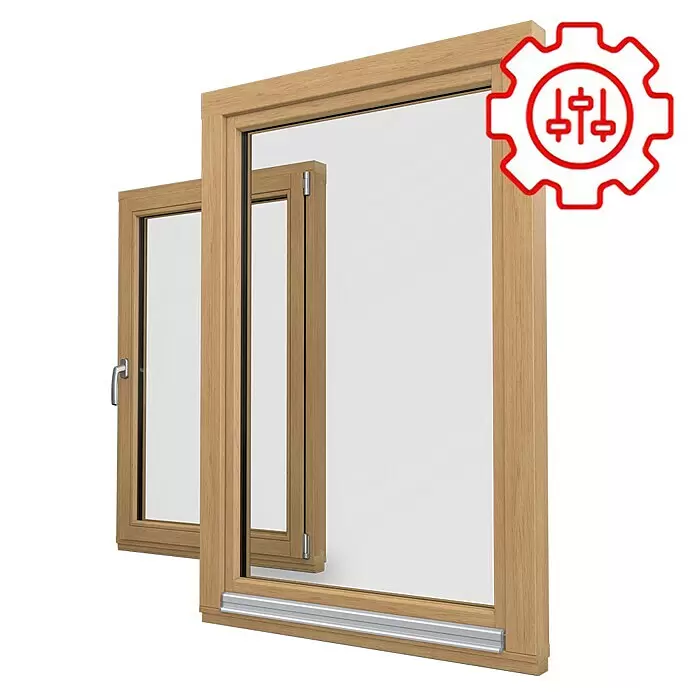Solid Elements Holzfenster nach Maß - BAUHAUS Garantie: 5 Jahre - Zwei helle Holzfenster, eines geöffnet, mit rotem Einstellungs-Icon.