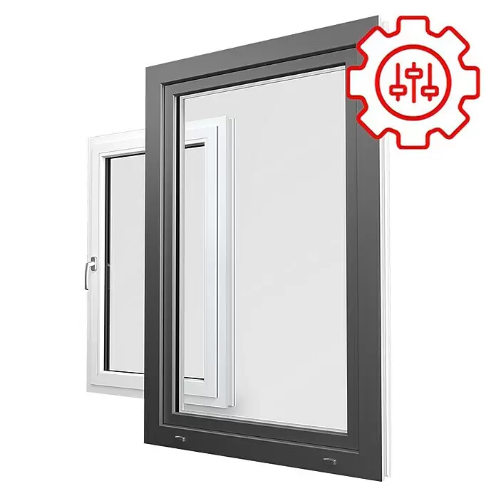 Solid Elements Kunststofffenster nach Maß - BAUHAUS Garantie: 5 Jahre - Drei moderne Fenster in Dunkelgrau und Weiß, mit Symbol für anpassbare Optionen.
