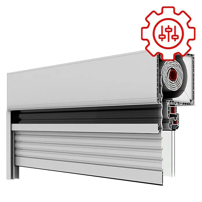 Solid Elements Rollladen nach Maß - BAUHAUS Garantie: 5 Jahre - Weißes Rollladensystem mit sichtbarem Innenleben und rotem Einstellungs-Icon.