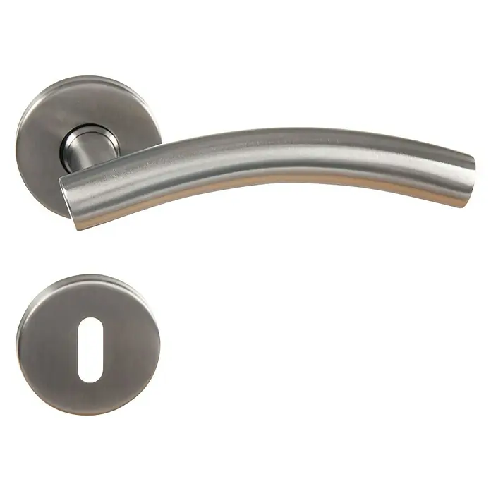 Conjunto de picaporte Isabel - Plateado - Manija de puerta de acero inoxidable con bocallave. Su diseño moderno complementa varios estilos de decoración, ofreciendo una estética elegante.