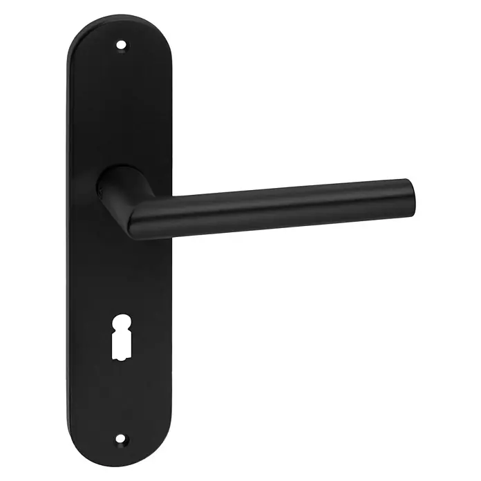 Portaferm Drückergarnitur - Stärke Tür: 35 mm - 45 mm, Aluminium, L-Form - Ein schwarzer Türgriff mit einer länglichen Platte und einem zylindrischen Griff. Praktisches und stilvolles Design für jede Tür.