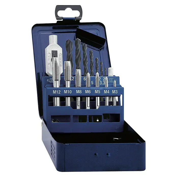Exact Einschnittgewindebohrer-Set - M3 - M12, 16 -tlg. - Ein blaues Metallgehäuse mit einem Satz Gewindebohrer, Kernlochbohrer und Schneideisen für verschiedene Gewindegrößen (M3 bis M12).