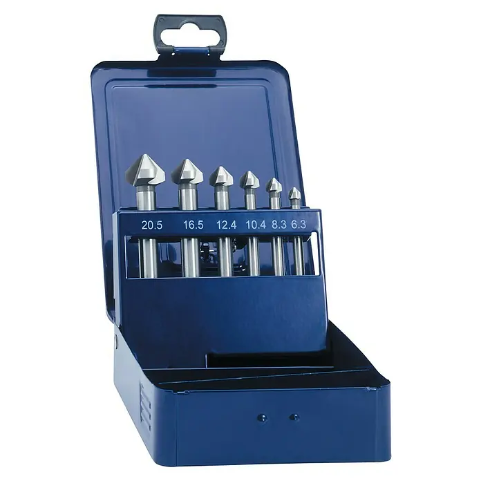 Exact Kegelsenker-Set - Durchmesser Bohrer: 6,3 mm - 20,5 mm - Senker-Satz im blauen Etui. Das Set enthält sechs Senker in verschiedenen Größen für präzise Senkungen in Holz und Metall.