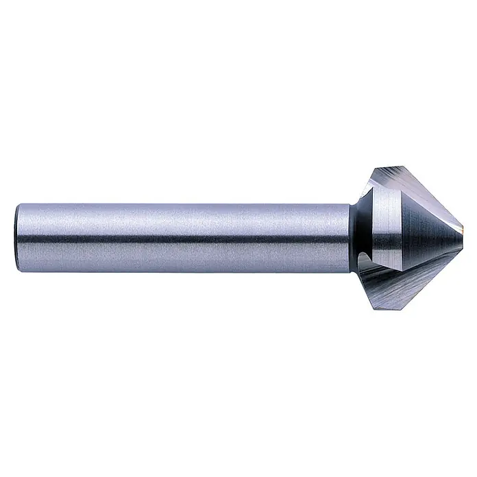 Exact Kegelsenker - Durchmesser Bohrer: 3,2 mm - 16,5 mm, Schaftform: Rundschaft - Ein glänzender Metall-Drehmeißel mit einer zylindrischen Basis und einer komplexen, winkligen Schneidspitze, ideal für präzise Arbeiten.