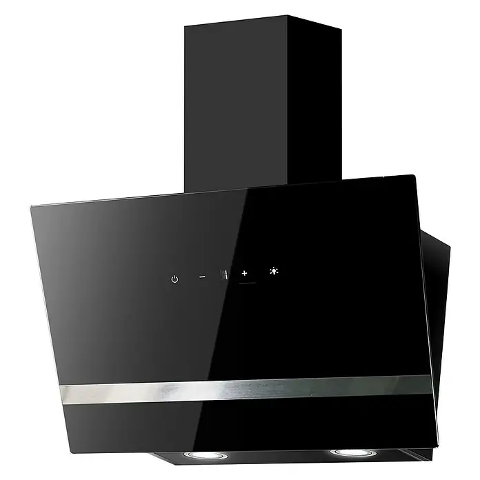 Respekta Schräghaube Hera - Breite: 59,5 cm, Max. Gebläseleistung Abluftbetrieb: 567,9 m³/h, Schwarz/Silber - Produktaufnahme einer Dunstabzugshaube in Schwarz mit silberfarbenen Akzenten und minimalistischen Bedienelementen.