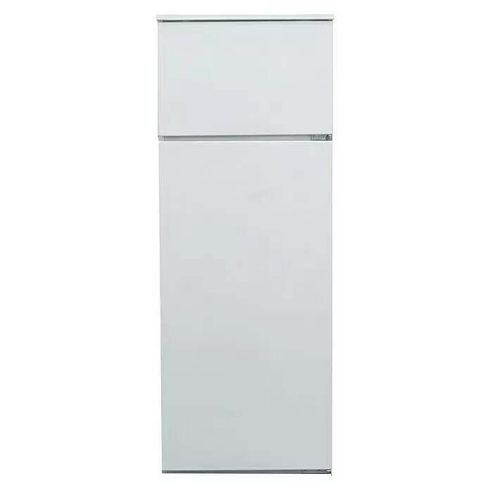 Respekta Premium Cocina esquinera Amanda - An x Pr: 290 x 200 cm, Blanco, Con electrodomésticos - Refrigerador blanco de dos puertas con compartimento congelador superior.