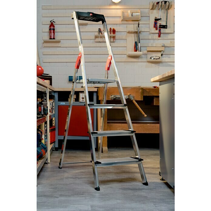 Hailo Stufenstehleiter XXL (Arbeitshöhe: 2,6 m, Anzahl Tritte: 4 Stufen, Tiefe Stufen: 130 mm, Aluminium)