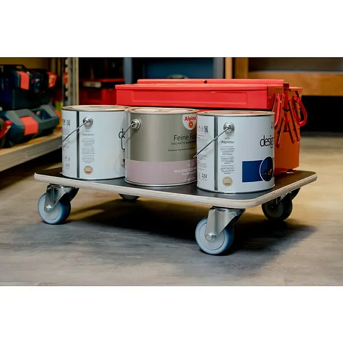 Wagner System Transportroller Cargo Professional - L x B x H: 59 x 39 x 12 cm, Traglast: 500 kg, Kunststoff - Farbdosen der Marke Alpina und Designfarben auf einem Rollbrett mit Werkzeugkasten. Ideal für den Transport von Farben und Werkzeugen.