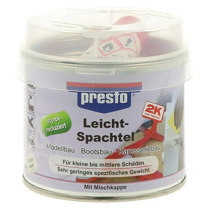 Presto Leichtspachtel - 125 g - Dose Presto Leichtspachtel, ein 2K-Spachtel für Modell-, Boots- und Karosseriebau, ideal für kleine bis mittlere Schäden und mit Mischkappe.
