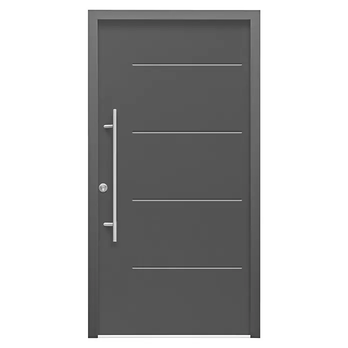 Splendoor Haustür Thermodoor PLUS SPL - 100 x 210 cm, DIN Anschlag: Links, Anthrazitgrau Feinstruktur - Graue Haustür mit horizontalen Linien und einem langen, vertikalen Türgriff für ein modernes Erscheinungsbild.