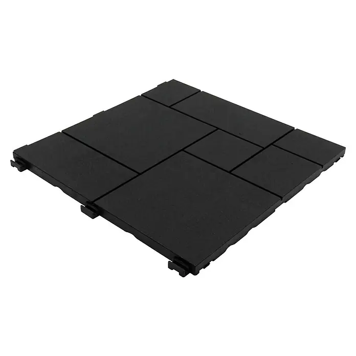 Klickfliese Mosaik - Kunststoff, 30 x 30 x 1,5 cm, Anthrazit, 6 Stk. - Draufsicht auf eine einzelne, schwarze, ineinandergreifende Terrassendiele, die ein zusammengesetztes Erscheinungsbild mit Drainagelöchern hat.