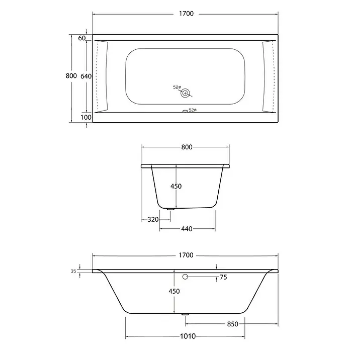 Ottofond Badewanne Palermo - 170 x 80 cm, Sanitäracryl, Weiß - Technische Zeichnung einer Badewanne mit detaillierten Maßangaben für Installation und Design.