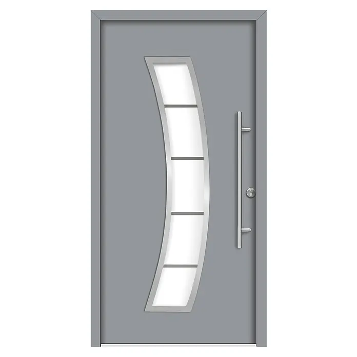 Splendoor Haustür Thermodoor PLUS SP10 - 100 x 210 cm, DIN Anschlag: Rechts, Verkehrsgrau - Moderne, graue Haustür mit einem vertikalen, geschwungenen Glaseinsatz und einem langen, schlanken Türgriff aus Edelstahl.