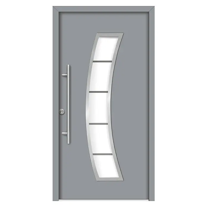 Splendoor Haustür Thermodoor PLUS SP10 - 110 x 210 cm, DIN Anschlag: Links, Verkehrsgrau - Graue Haustür mit vertikalem, gebogenem Fensterbereich und langem, schlanken Türgriff.